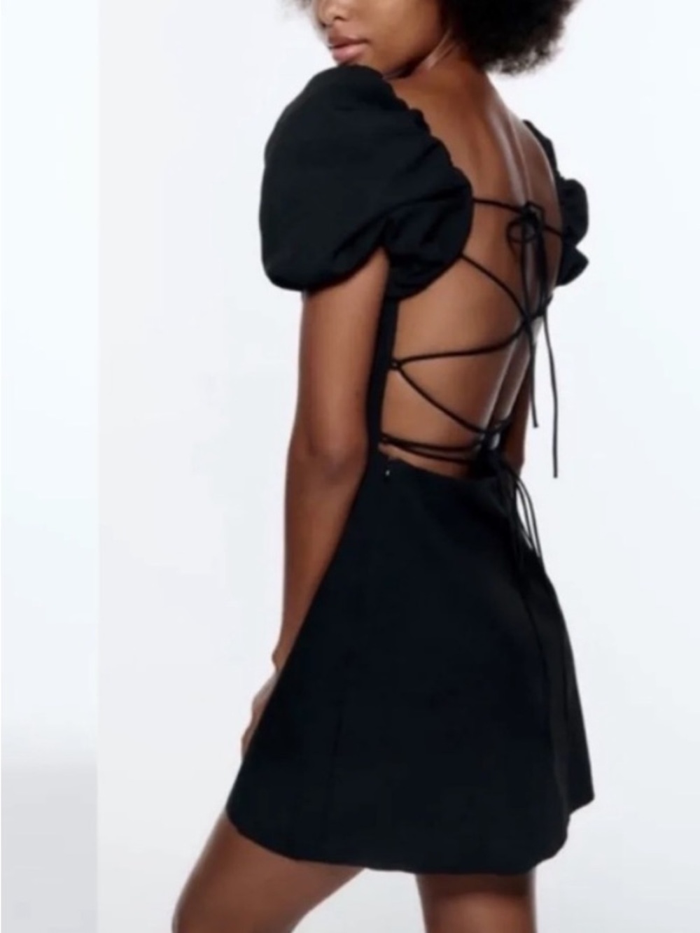 Zara Black Puff-Sleeve Mini Dress with Lace-Up Back